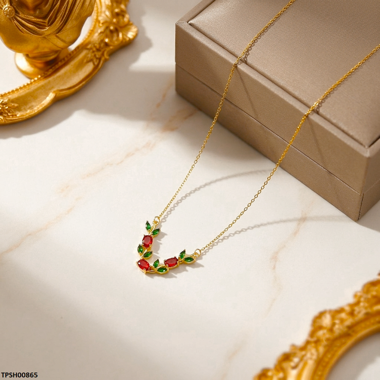 TPSH00865 MSJ  Tulip Leaf Red/Green Stone Pendant With Chain - TPSH