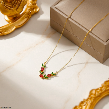 TPSH00865 MSJ  Tulip Leaf Red/Green Stone Pendant With Chain - TPSH
