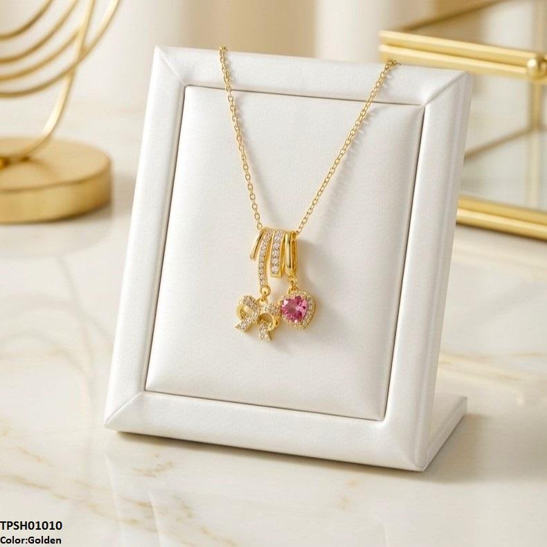 TPSH01010 TNR Stainless Steel Zircon Bow/Heart Drop Pendant - TPSH