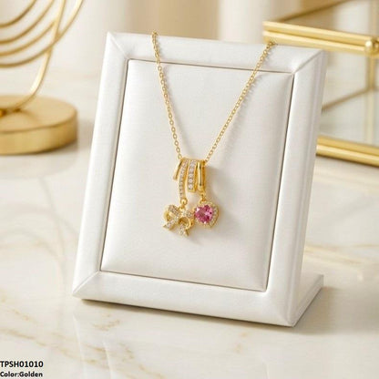TPSH01010 TNR Stainless Steel Zircon Bow/Heart Drop Pendant - TPSH