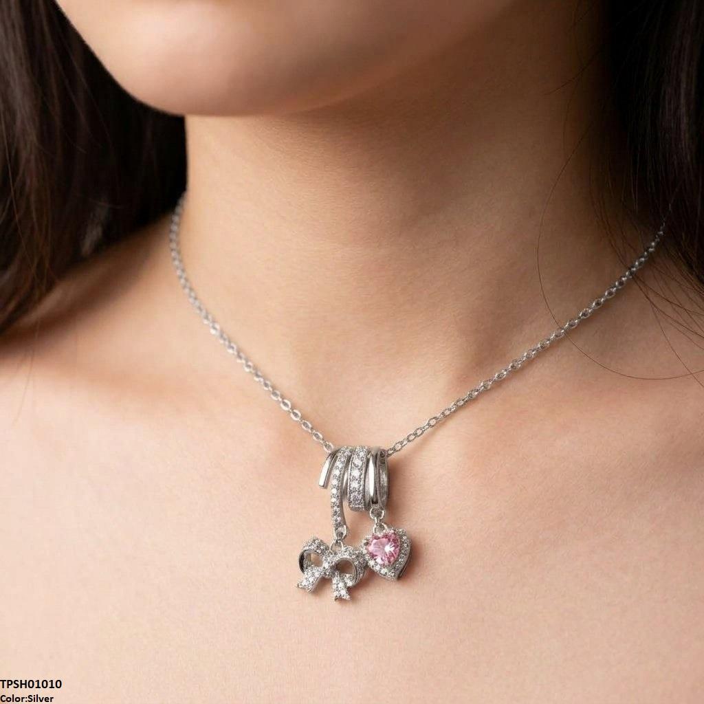 TPSH01010 TNR Stainless Steel Zircon Bow/Heart Drop Pendant - TPSH