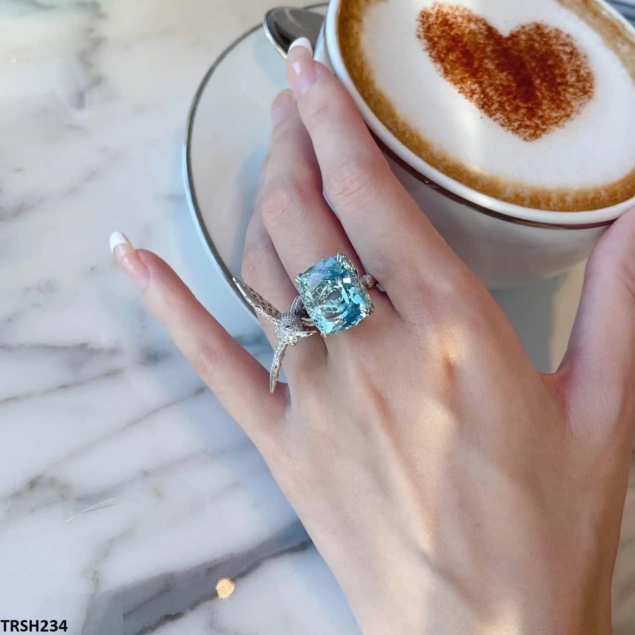 TRSH234 CJD Aqua Diamond Sparrow Cathedral Adjustable Ring