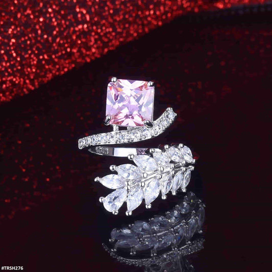 TRSH276 GWH Pink Real ZIRCON Stone Leaf Ring Adjustable  - TRSH