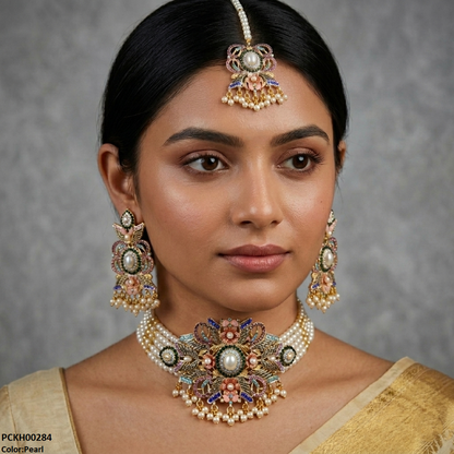 PCKH00284 SDQ Round Flower Pearl Drop Choker Set - PCKH