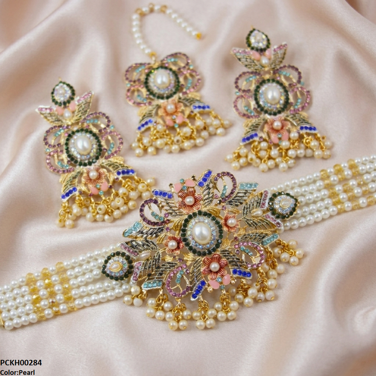 PCKH00284 SDQ Round Flower Pearl Drop Choker Set - PCKH