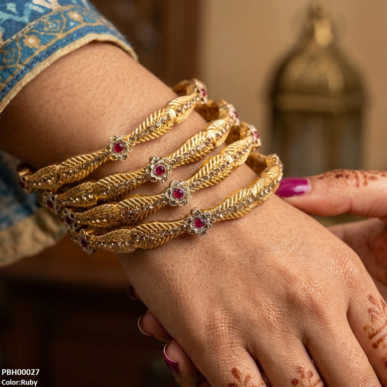 PBH00027 MZM Flower Stone 4 Pcs Of Bangles Set - PBH