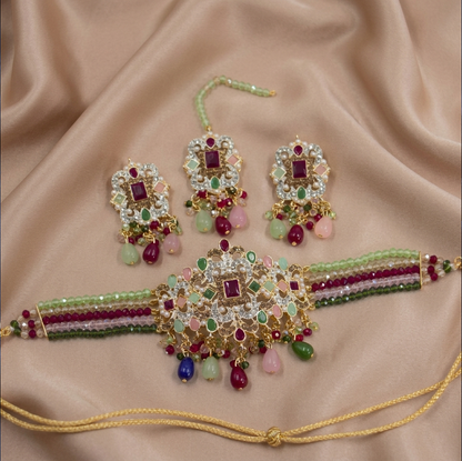 PCKH00281 SDQ Rectangle Flower Pearl Drop Choker Set  - PCKH
