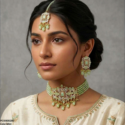 PCKH00280  SDQ Rectangle Flower Pearl Drop Choker Set  - PCKH