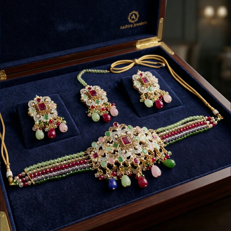 PCKH00281 SDQ Rectangle Flower Pearl Drop Choker Set  - PCKH