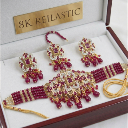 PCKH00281 SDQ Rectangle Flower Pearl Drop Choker Set  - PCKH