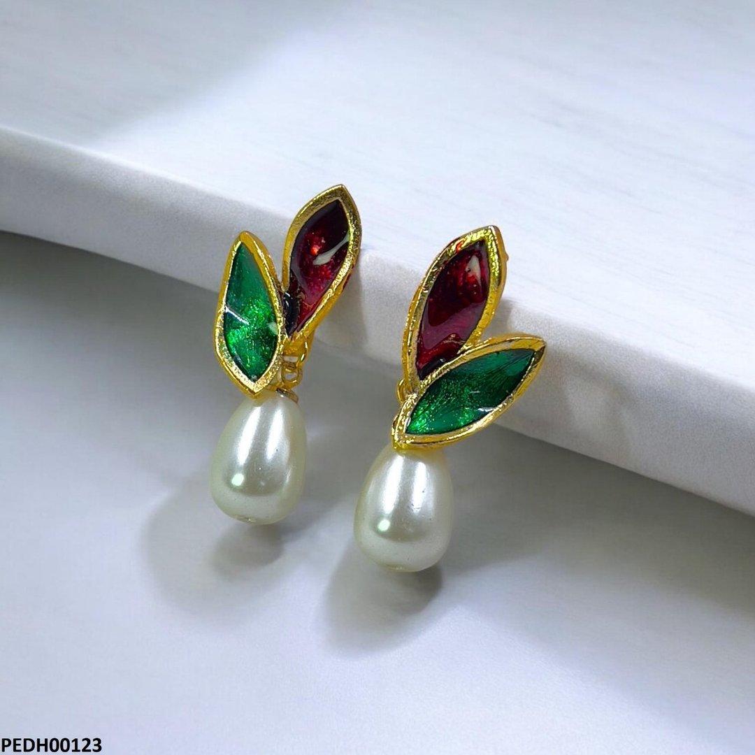 PEDH00123 SDQ Double Leaf Pearl Drop Earrings - PEDH