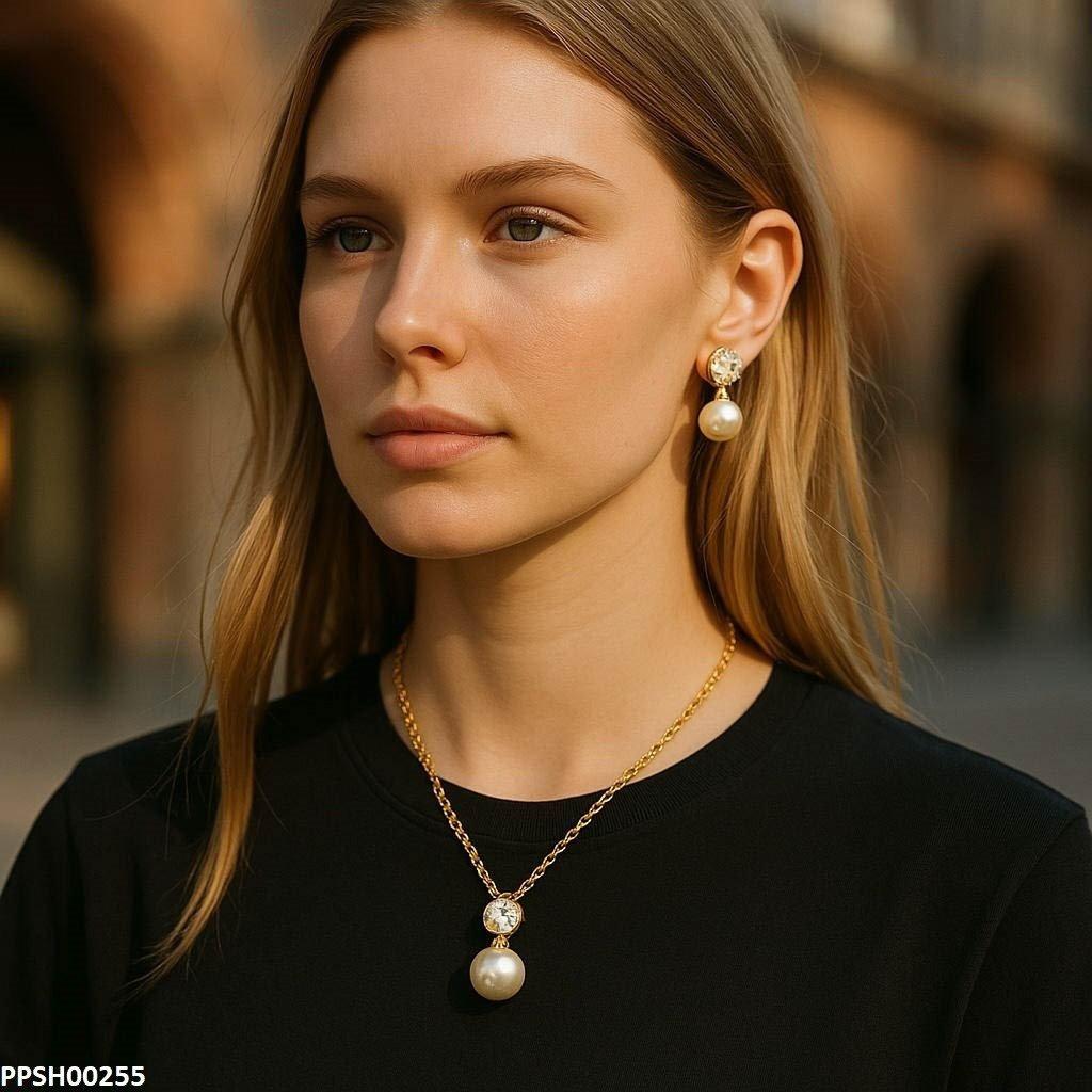 PPSH00255 SDQ  Round Pearl Drop Pedant Set - PPSH