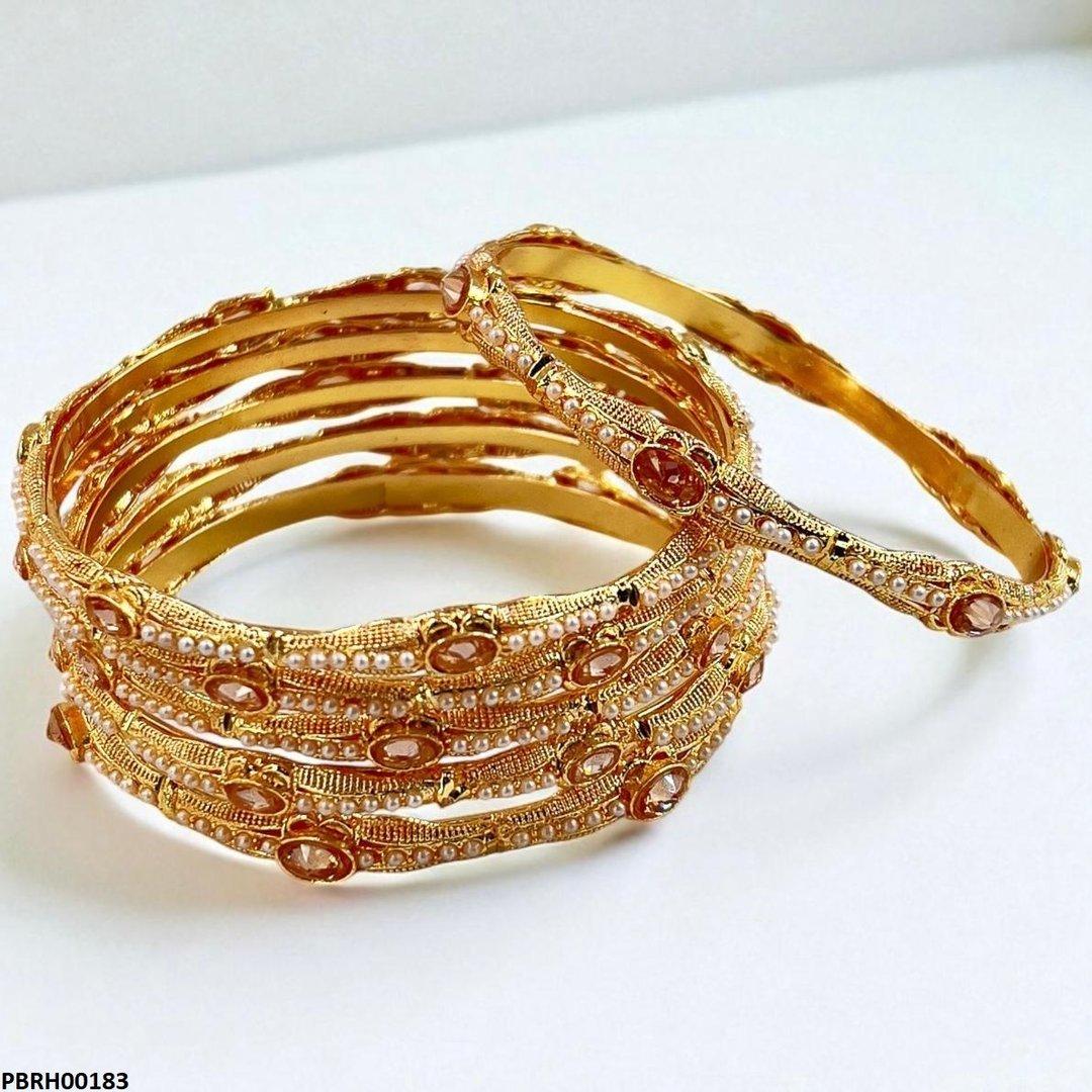 PBRH00183 MZM Oval/Pearl Bangles 6 Pcs Set - PBRH