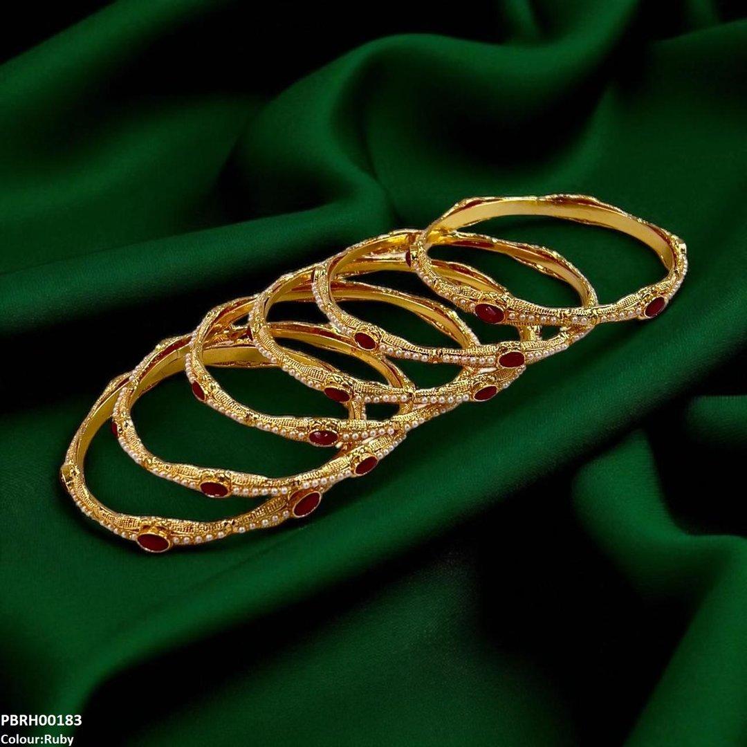 PBRH00183 MZM Oval/Pearl Bangles 6 Pcs Set - PBRH