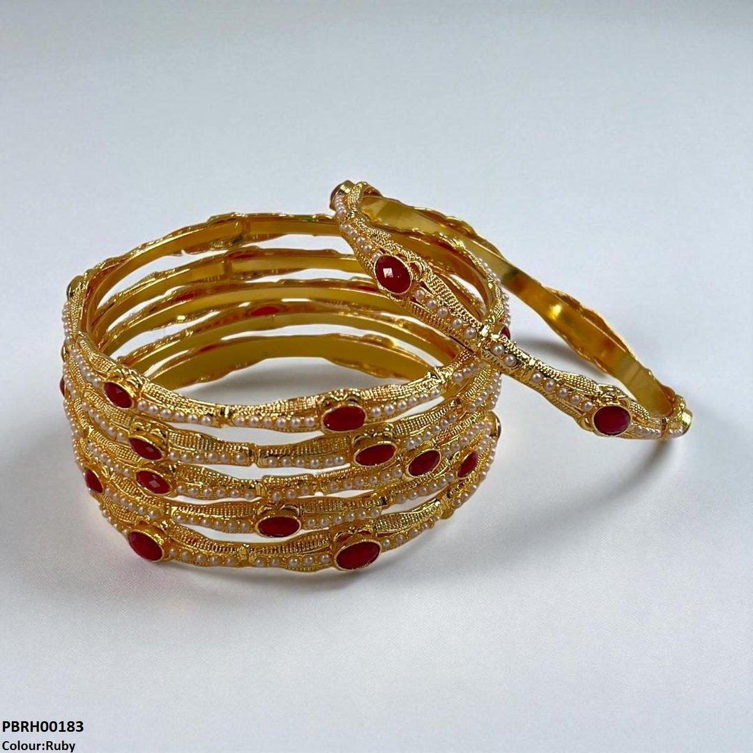 PBRH00183 MZM Oval/Pearl Bangles 6 Pcs Set - PBRH