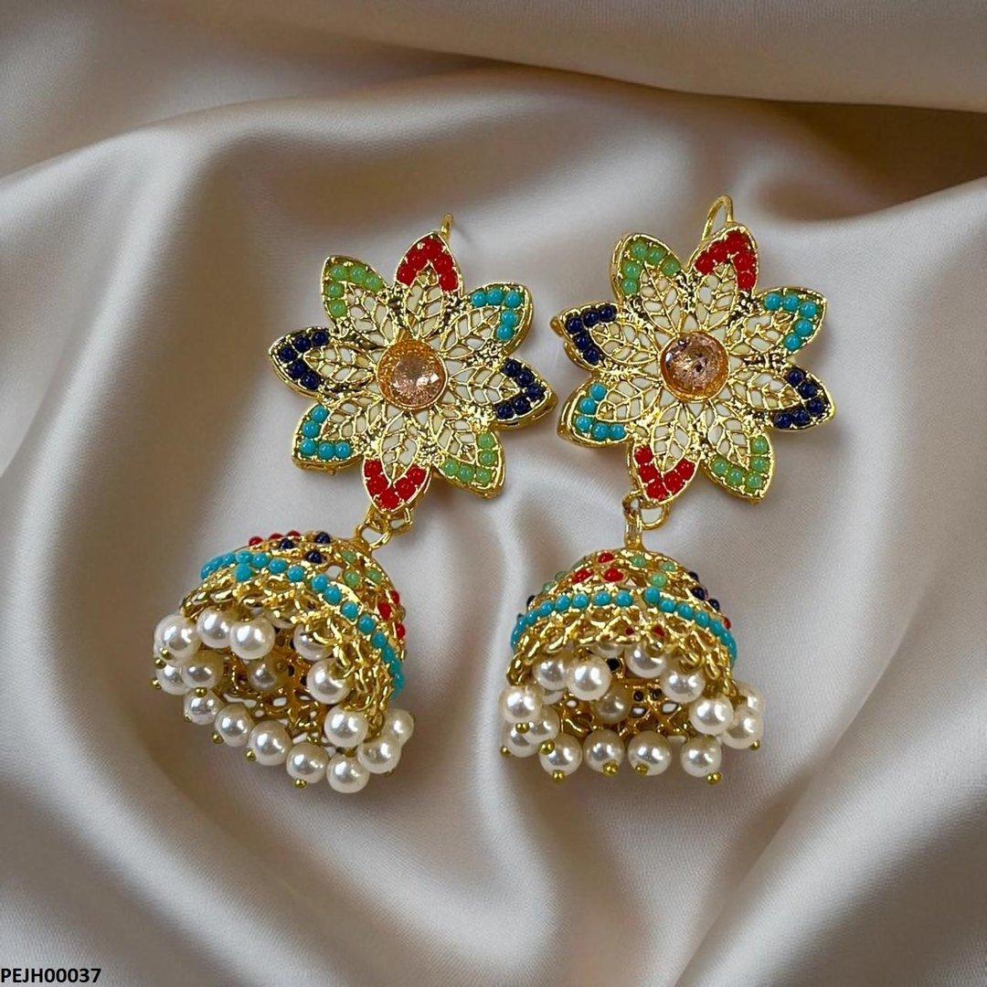 PEJH00037 MZM Multi Flower Pearl Drop Jhumki - PEJH