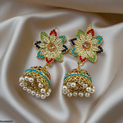 PEJH00037 MZM Multi Flower Pearl Drop Jhumki - PEJH
