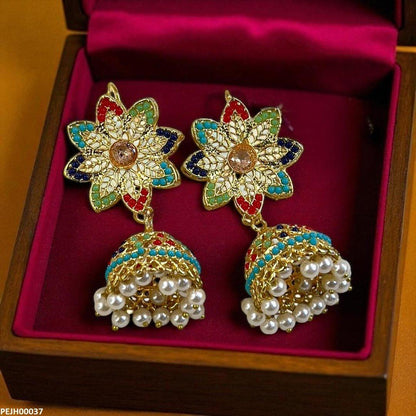 PEJH00037 MZM Multi Flower Pearl Drop Jhumki - PEJH