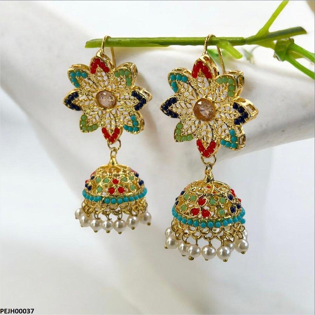PEJH00037 MZM Multi Flower Pearl Drop Jhumki - PEJH