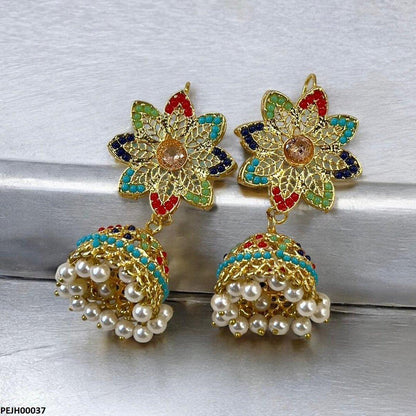 PEJH00037 MZM Multi Flower Pearl Drop Jhumki - PEJH