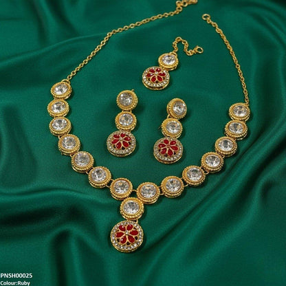 PNSH00025 FRN Round Flower Drop  Necklace Set - PNSH