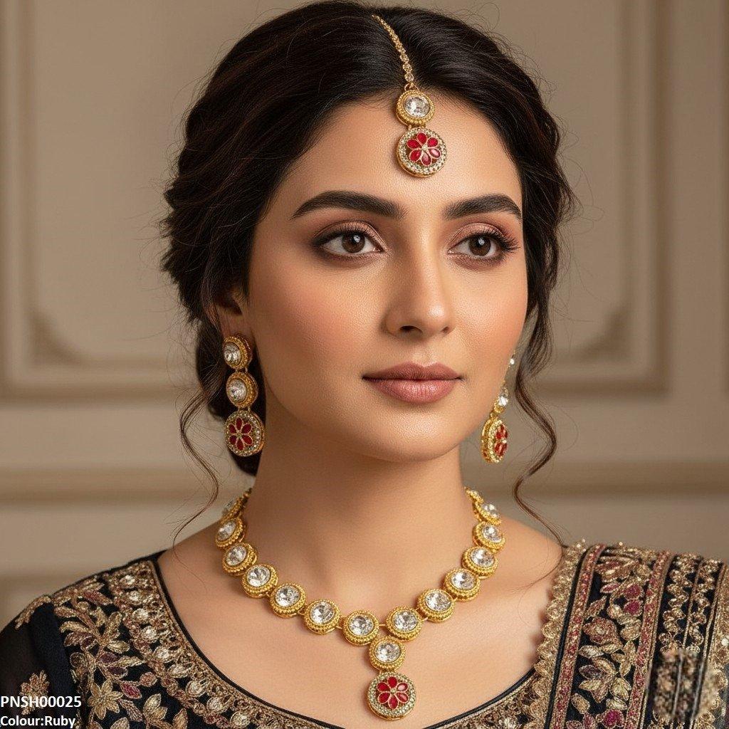 PNSH00025 FRN Round Flower Drop  Necklace Set - PNSH