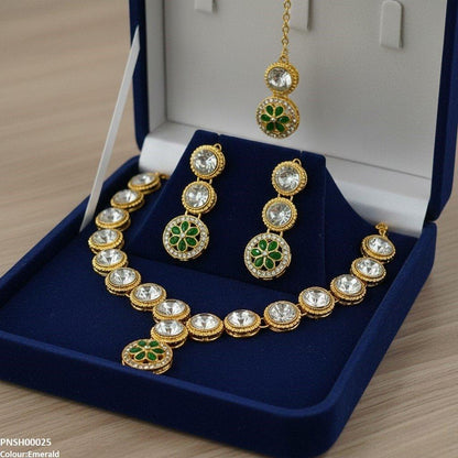 PNSH00025 FRN Round Flower Drop  Necklace Set - PNSH