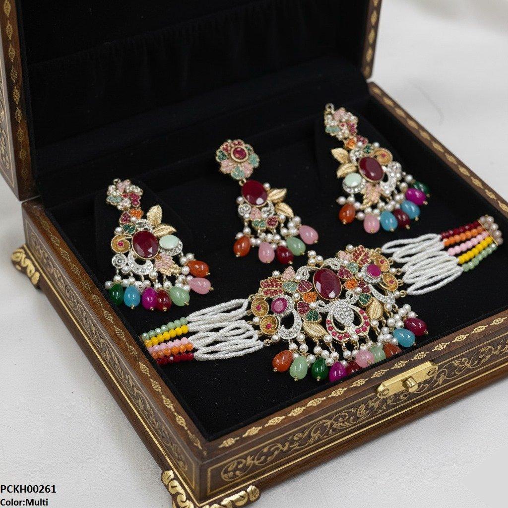 PCKH00261 SDQ Oval/Flower Pearl Drop Choker Set - PCKH