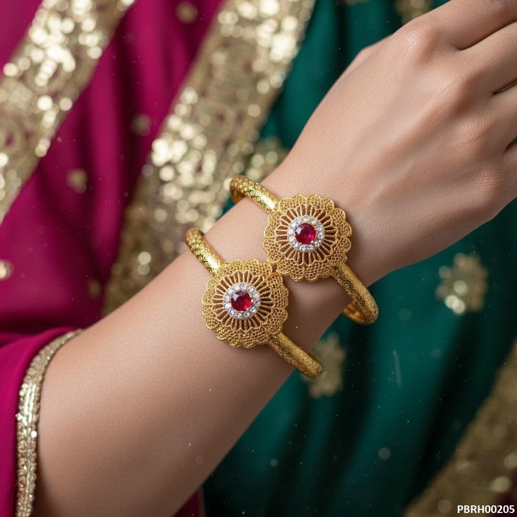 PBRH00205 MZM Round Red Stone Flower Bangle Set - PBRH