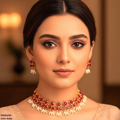 PNSH243 FRN Square/Pearl Drop Necklace Set