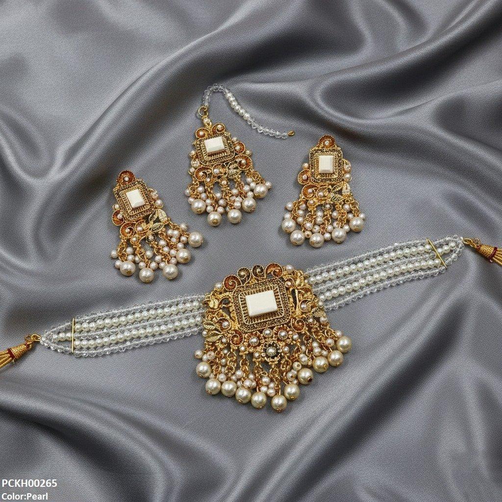 PCKH00265 SDQ Rectangle Pearl Drop Choker Set - PCKH