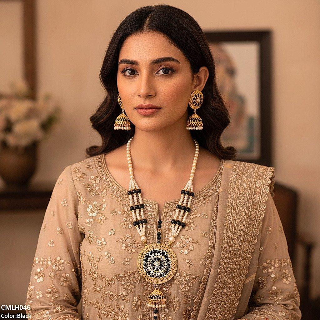 CMLH046 SDQ Cut Jhumki Drop Pearl Mala