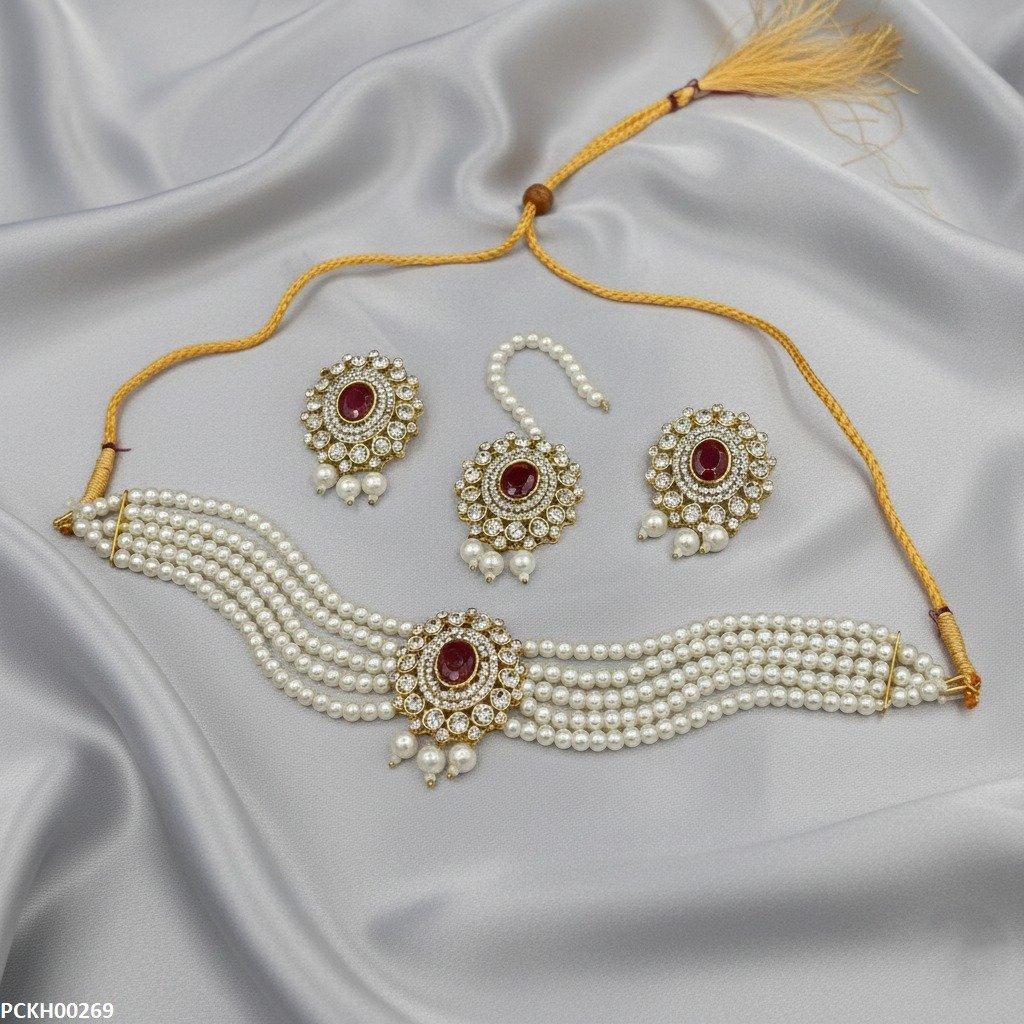 PCKH00269 MZM Oval Pearl Drop Choker Set - PCKH