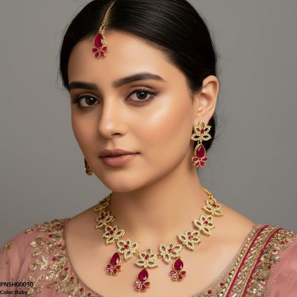 PNSH00030 FRN Flower Tear  Drop Necklace Set - PNSH