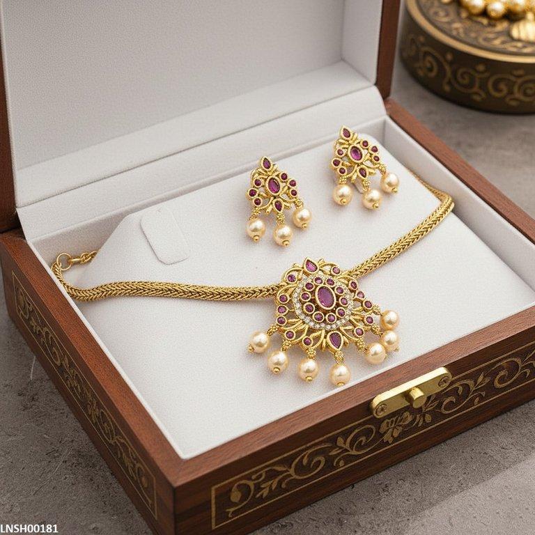 LNSH00181 ANI Oval/Tear Pearl Drop Necklace Set - LNSH