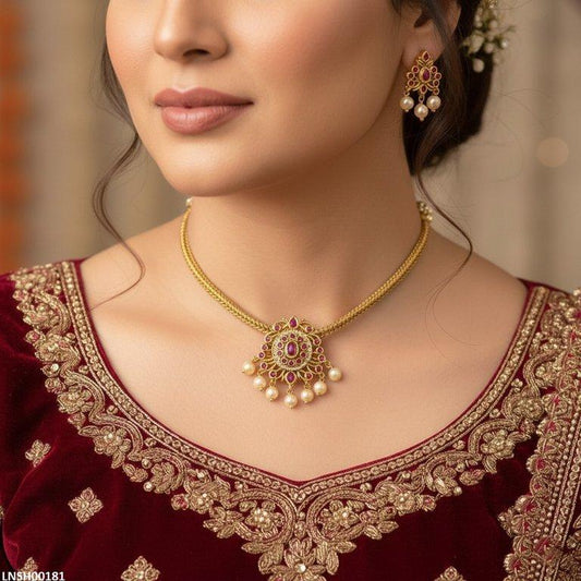 LNSH00181 ANI Oval/Tear Pearl Drop Necklace Set - LNSH