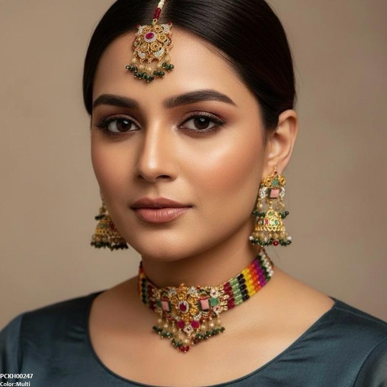 PCKH00247 SDQ Oval/Rectangle Flower Pearl Drop  Choker Set - PCKH