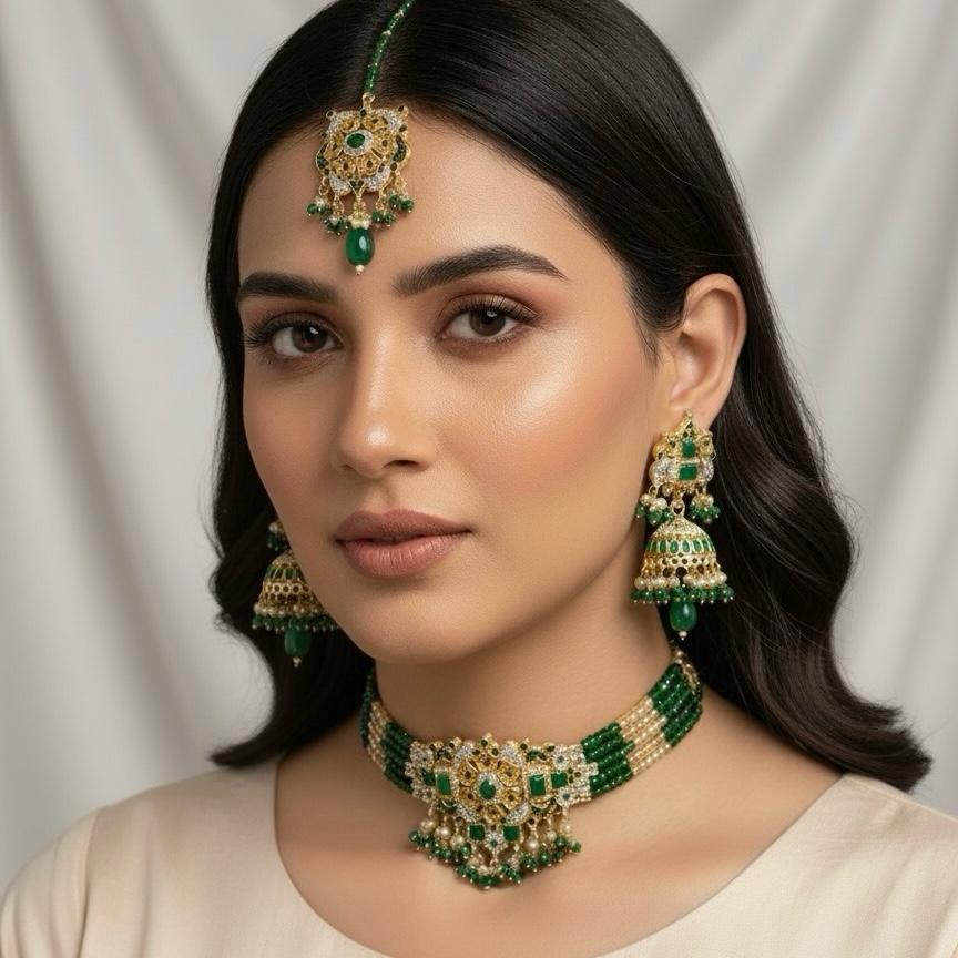 PCKH00247 SDQ Oval/Rectangle Flower Pearl Drop  Choker Set - PCKH