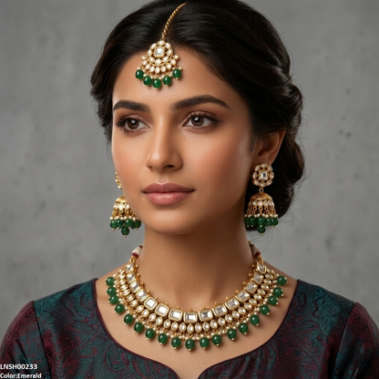 LNSH00233 ANI Square/Oval Stone Pearl Drop Rajwari Necklace Set - LNSH
