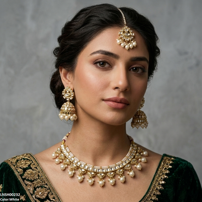 LNSH00232 ANI Square Stone Pearl Drop Rajwari Necklace Set - LNSH