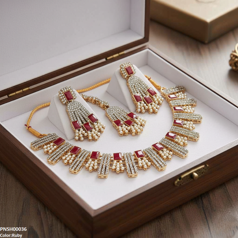 PNSH00036 MZM Rectangle Pearl  Necklace Set - PNSH