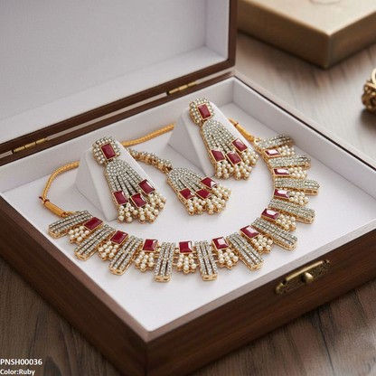 PNSH00036 MZM Rectangle Pearl  Necklace Set - PNSH