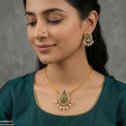 LNSH00219 ANI Tear/Oval Flower Pearl Drop South Indian Necklace Set - LNSH
