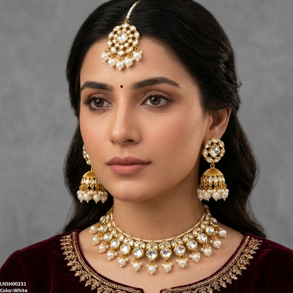 LNSH00231 ANI Marquise/Square Stone Pearl Drop Rajwari Necklace Set - LNSH