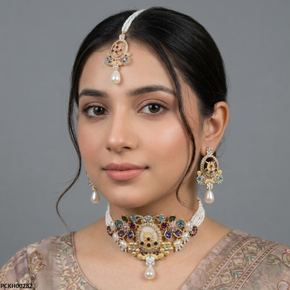 PCKH00282 ABD Multi Flower Pearl Drop Choker Set - PCKH