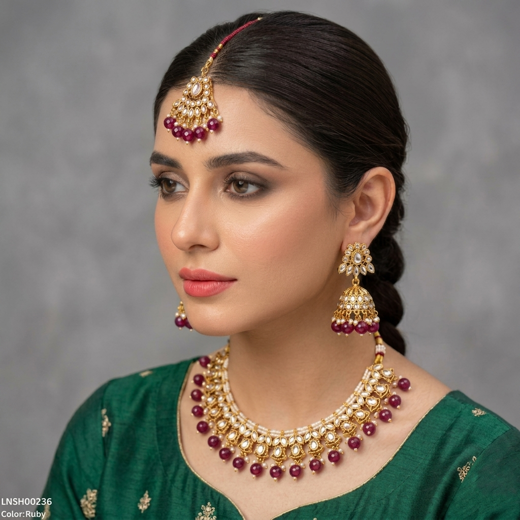 LNSH00236 ANI  Marquise Flower Pearl Drop Rajwari Necklace Set - LNSH