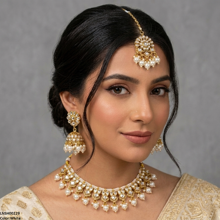 LNSH00229 ANI Tear/Square Pearl Drop Necklace Set - LNSH