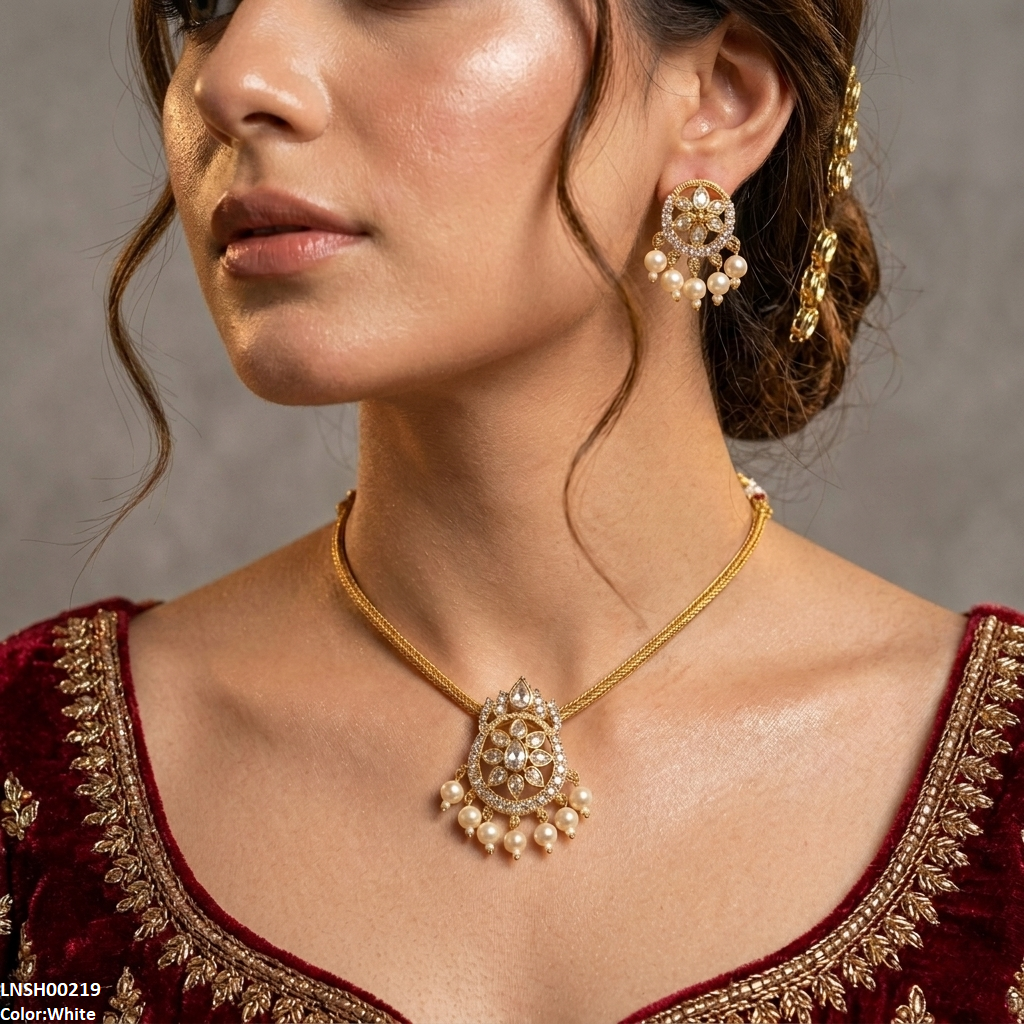 LNSH00219 ANI Tear/Oval Flower Pearl Drop South Indian Necklace Set - LNSH