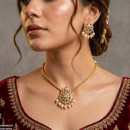 LNSH00219 ANI Tear/Oval Flower Pearl Drop South Indian Necklace Set - LNSH