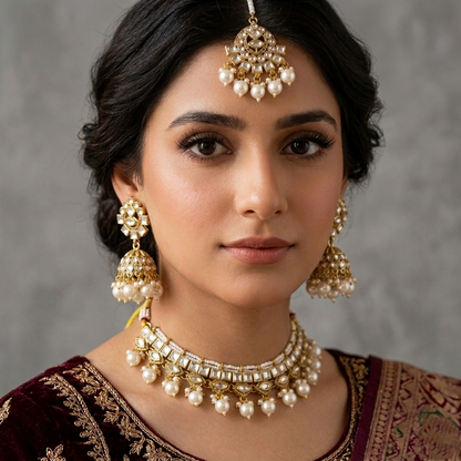 LNSH00232 ANI Square Stone Pearl Drop Necklace Set - LNSH